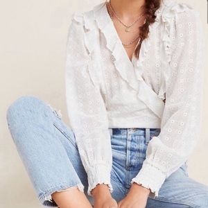 Anthropologie | Maeve white lace ruffle blouse